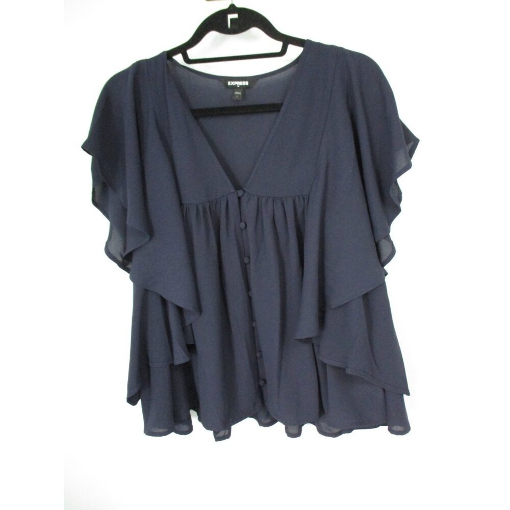 Express Button Front Sheer Sleeveless Navy Blue Blouse Womens L Ruffled - Picture 2 of 14